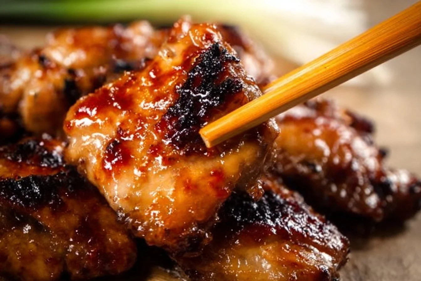 Sticky sweet chili chicken thighs with a glazed finish on a serving platter.