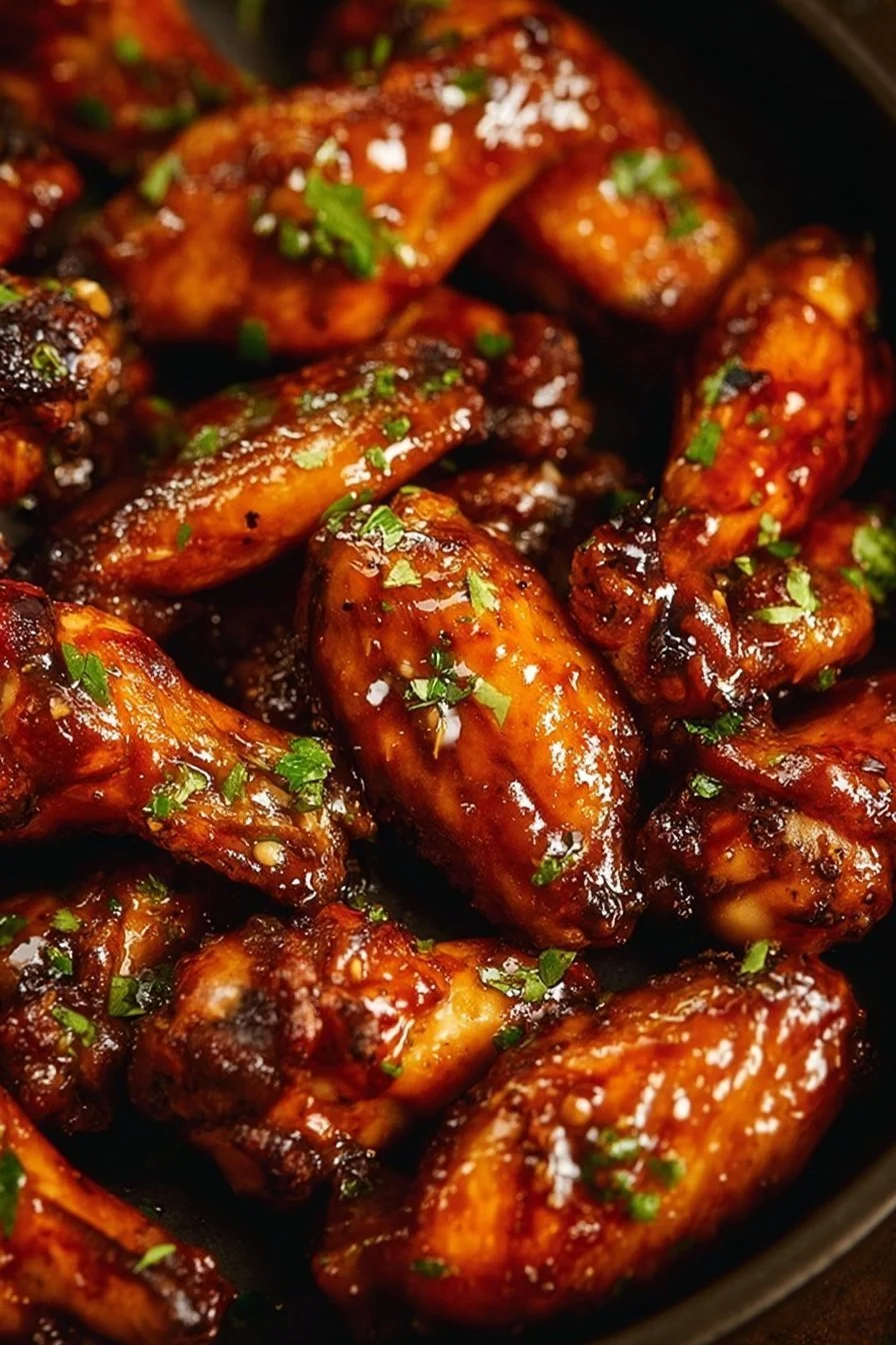 Sweet and Spicy Chicken Wings on a plate garnished with herbs