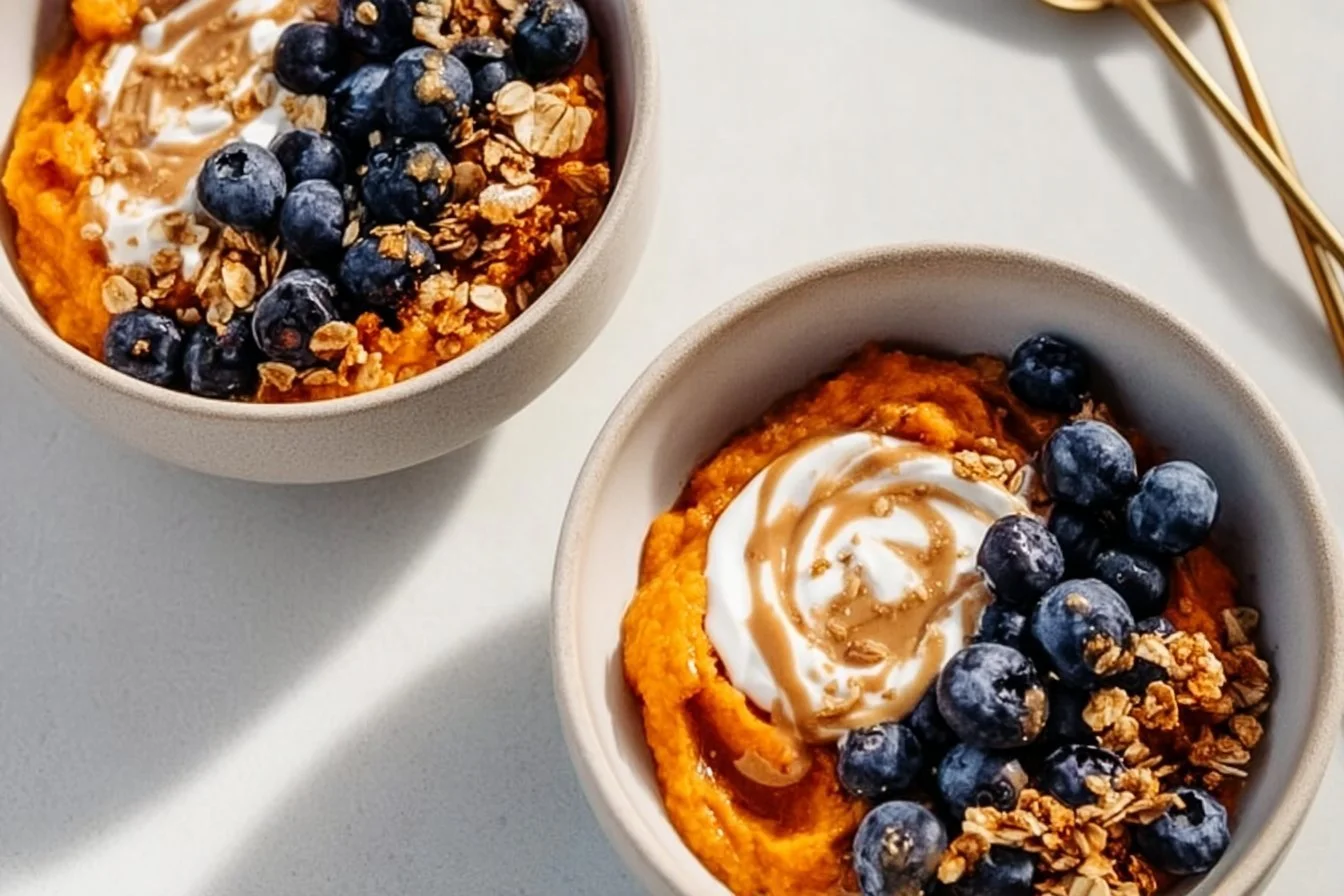 A delicious Sweet Potato Breakfast Bowl topped with fresh fruits and nuts.