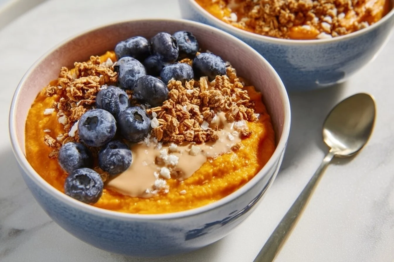 Sweet potato breakfast bowl topped with fruits and nuts for a nutritious morning meal