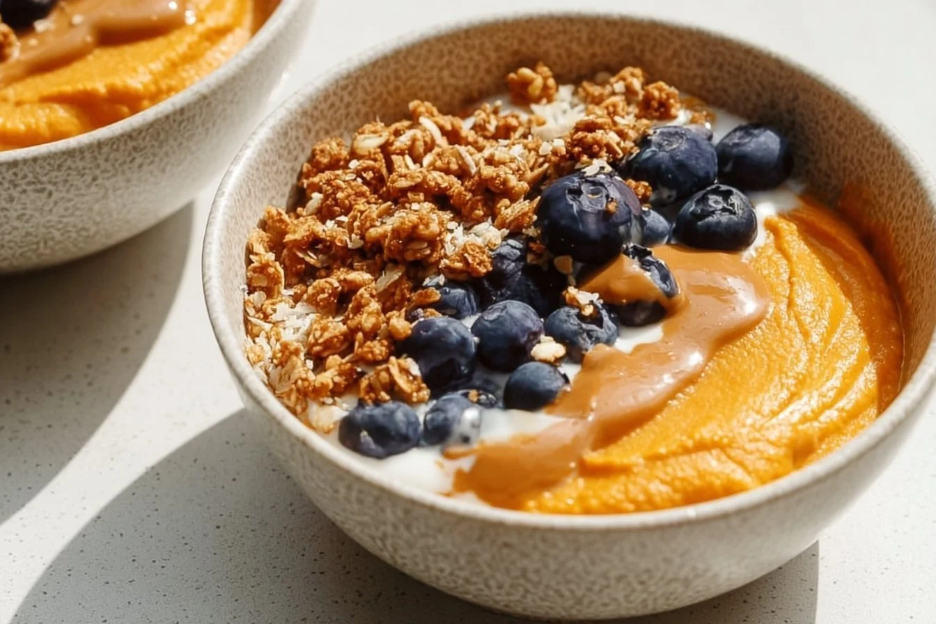 Healthy sweet potato breakfast bowl topped with fresh ingredients