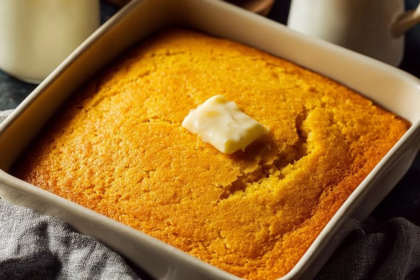Delicious slice of sweet potato cornbread with butter on a wooden table