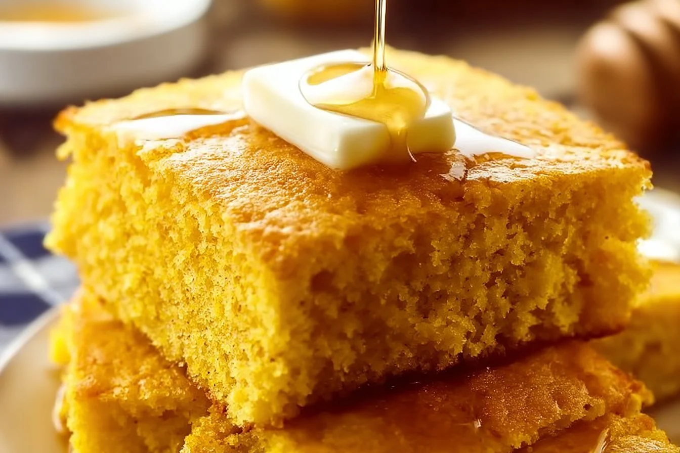 Delicious slice of Sweet Potato Cornbread topped with butter