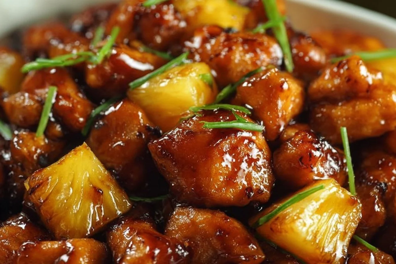 Delicious Sweet & Sticky Pineapple Bourbon Chicken served with fresh vegetables