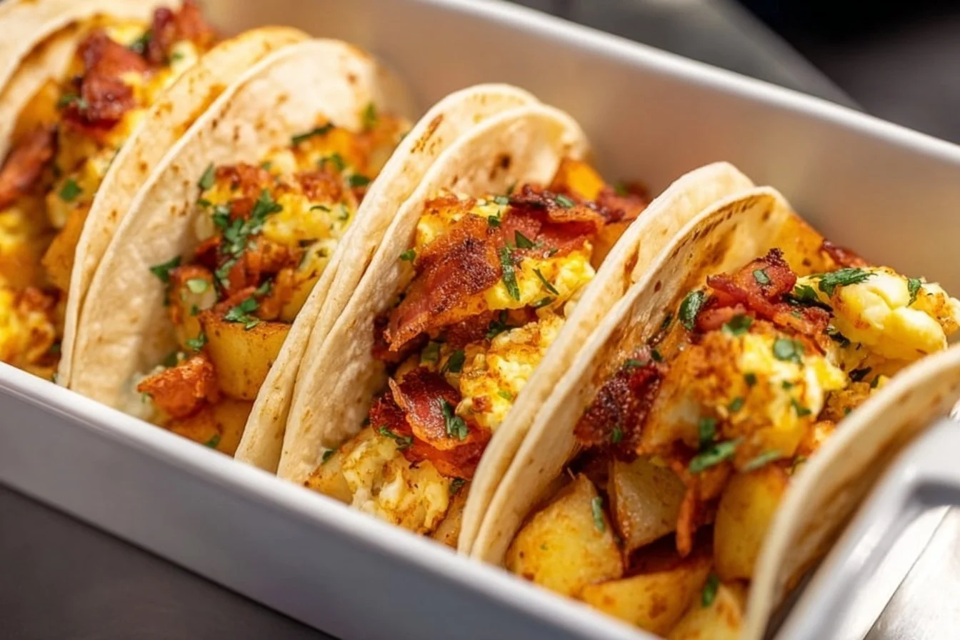 Baked breakfast tacos filled with eggs and cheese on a plate