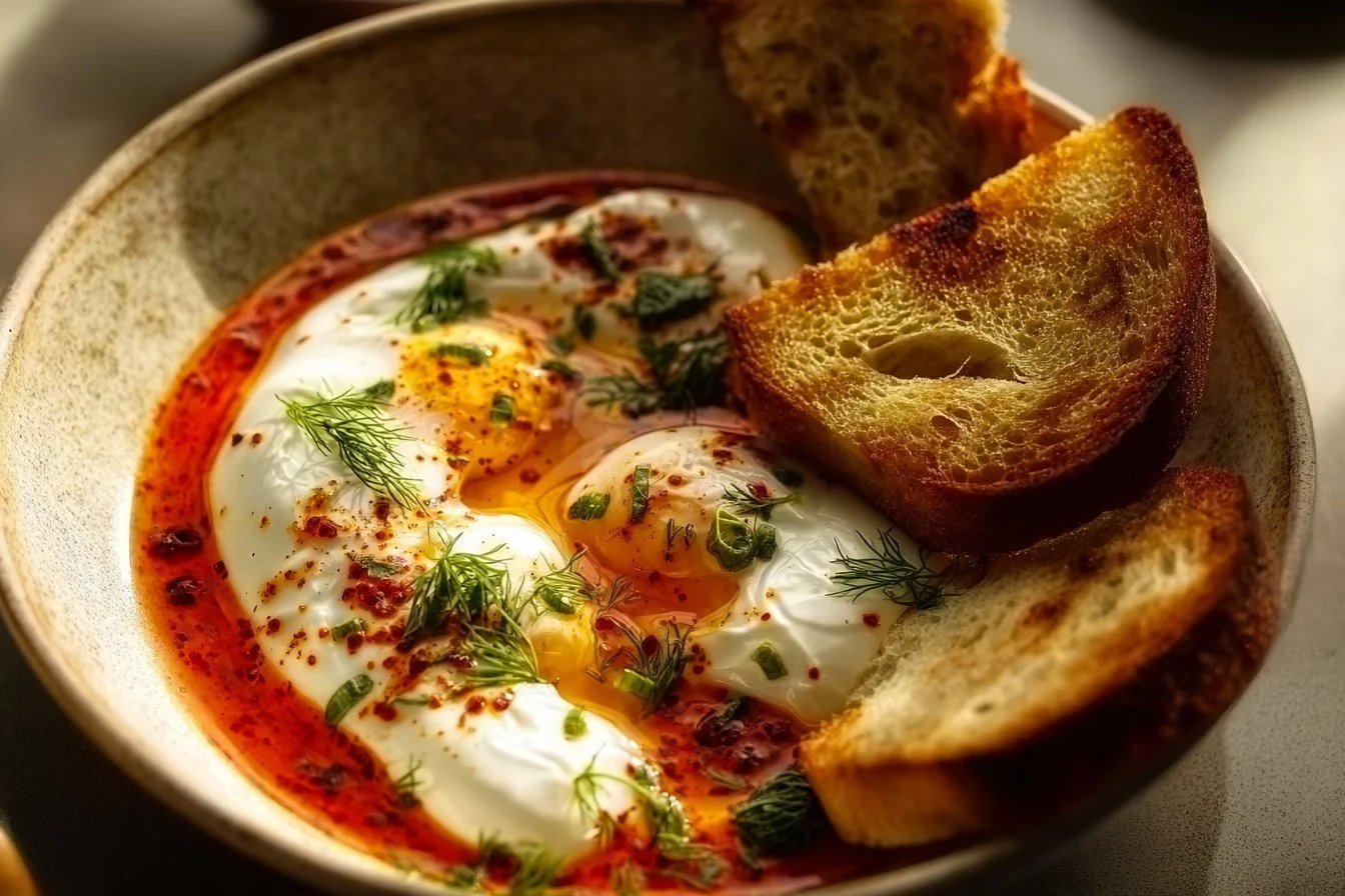 Turkish eggs served with herbed yogurt in a bowl.