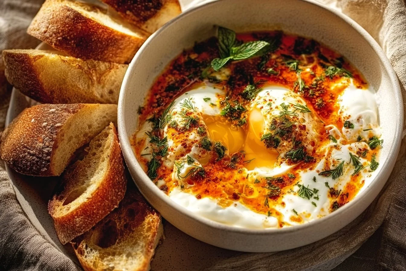 Turkish Eggs with Herbed Yogurt Turkish Eggs Turkish Eggs served with creamy herbed yogurt and fresh herbs on a plate.