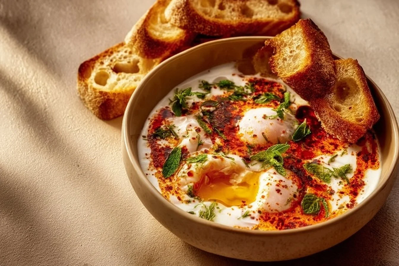 Turkish Eggs with Herbed Yogurt Çılbır served in a bowl