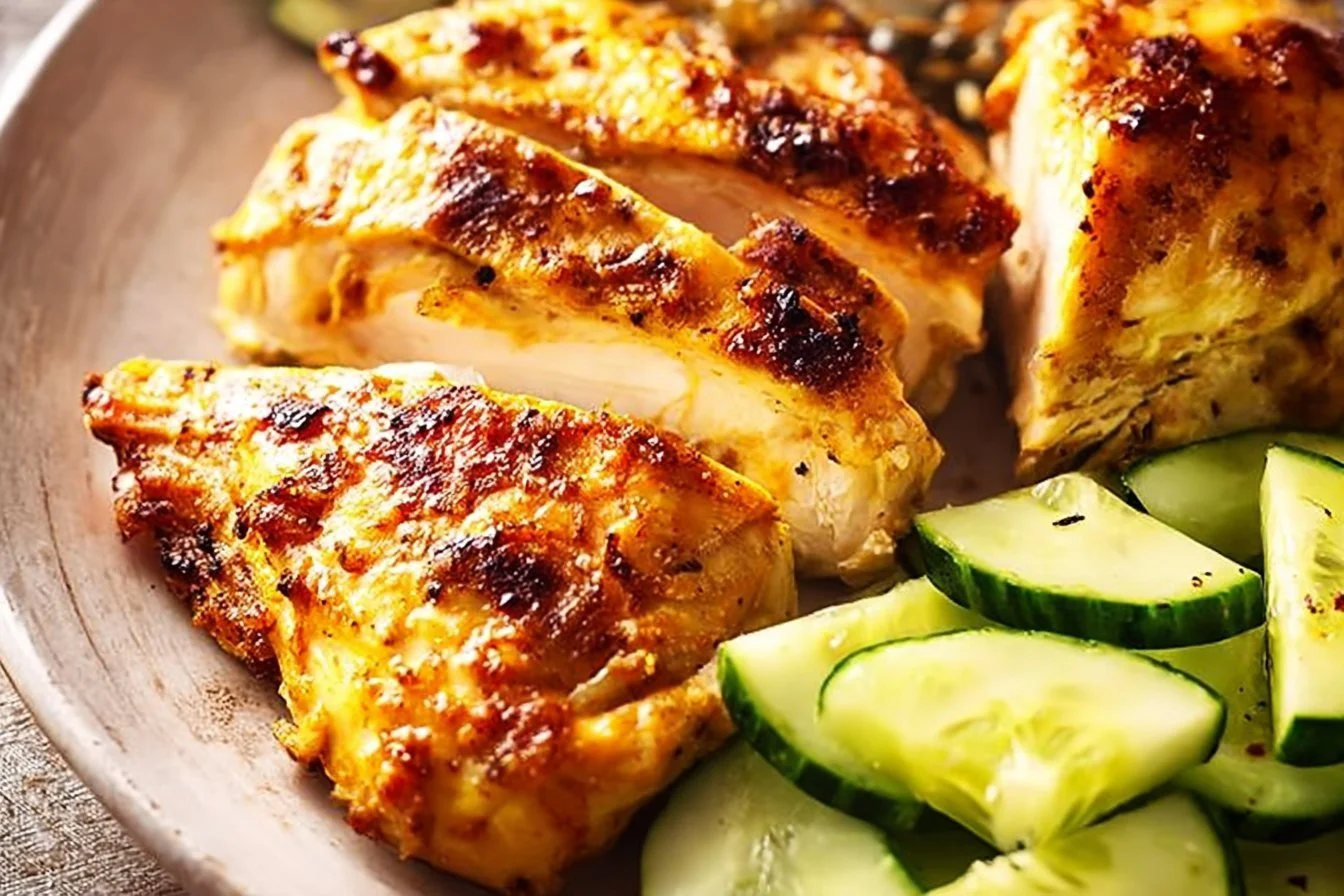 Juicy air fryer chicken breast served on a plate with herbs