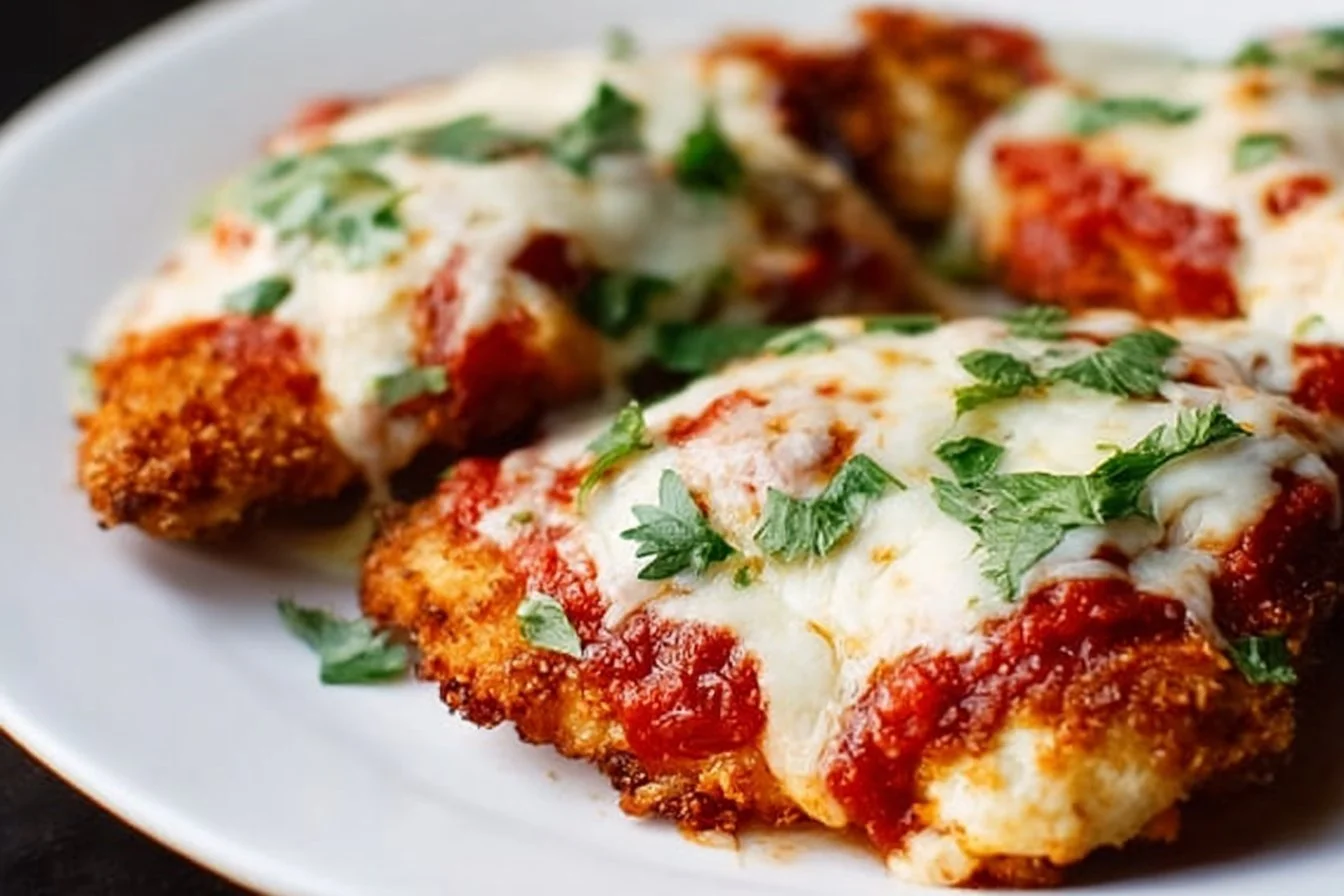 Delicious air fryer chicken parmesan served with marinara sauce and pasta