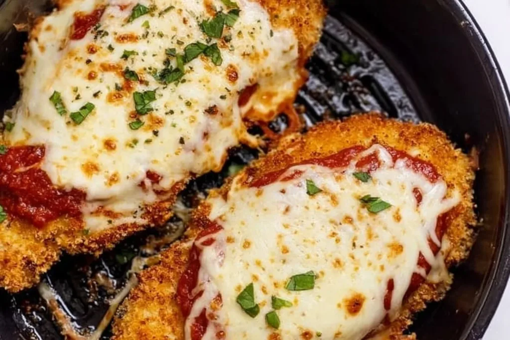 Crispy Air Fryer Chicken Parmesan served on a plate with marinara sauce