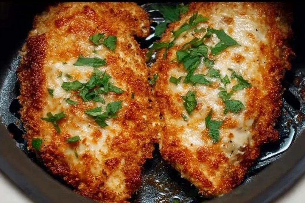 Delicious Air Fryer Chicken Parmesan served with pasta and fresh herbs