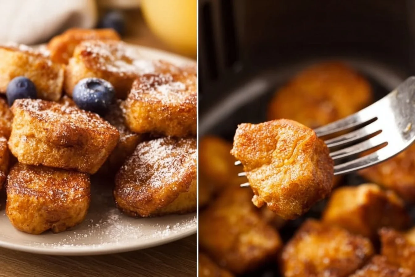 Crispy Air Fryer French toast bites served with syrup and fruit
