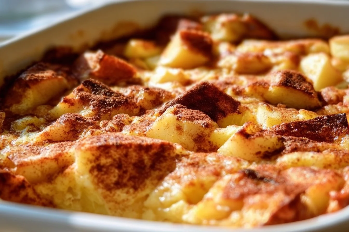 Apple Cinnamon Cottage Cheese Bake topped with cinnamon and apples