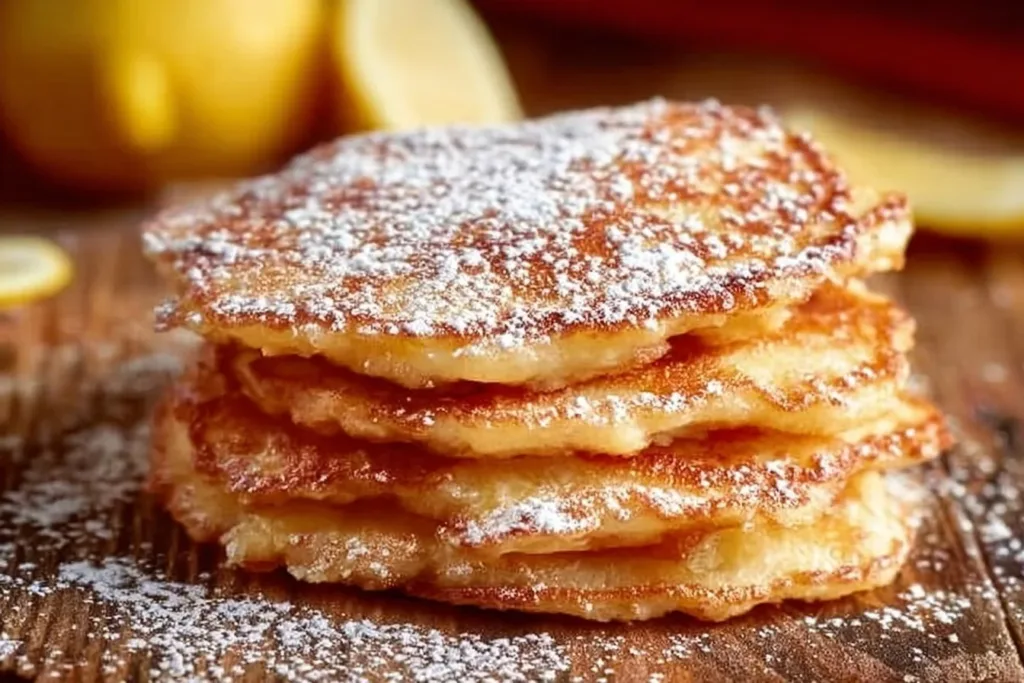 Delicious apple yogurt pancakes stacked on a plate, drizzled with syrup