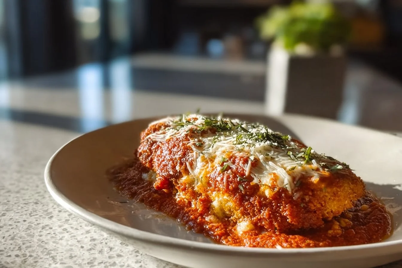 Arthur's Easy Baked Chicken Parmesan baked chicken parmesan Plate of Arthur's easy baked chicken parmesan with melted cheese and herbs