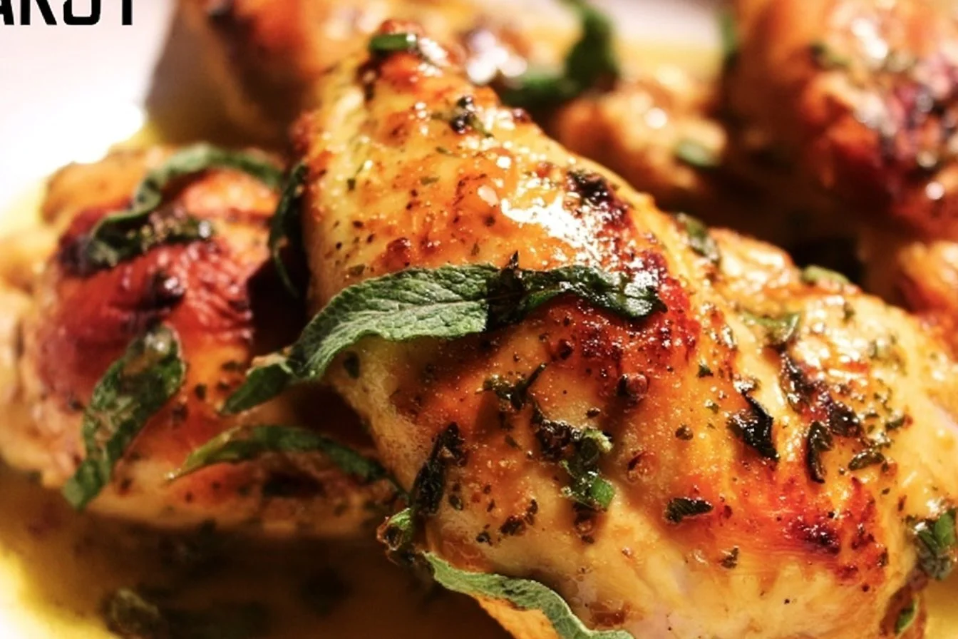 Juicy baked chicken breast on a plate garnished with herbs