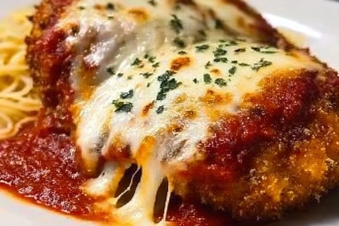 Baked Chicken Parmesan topped with cheese and marinara sauce on a plate