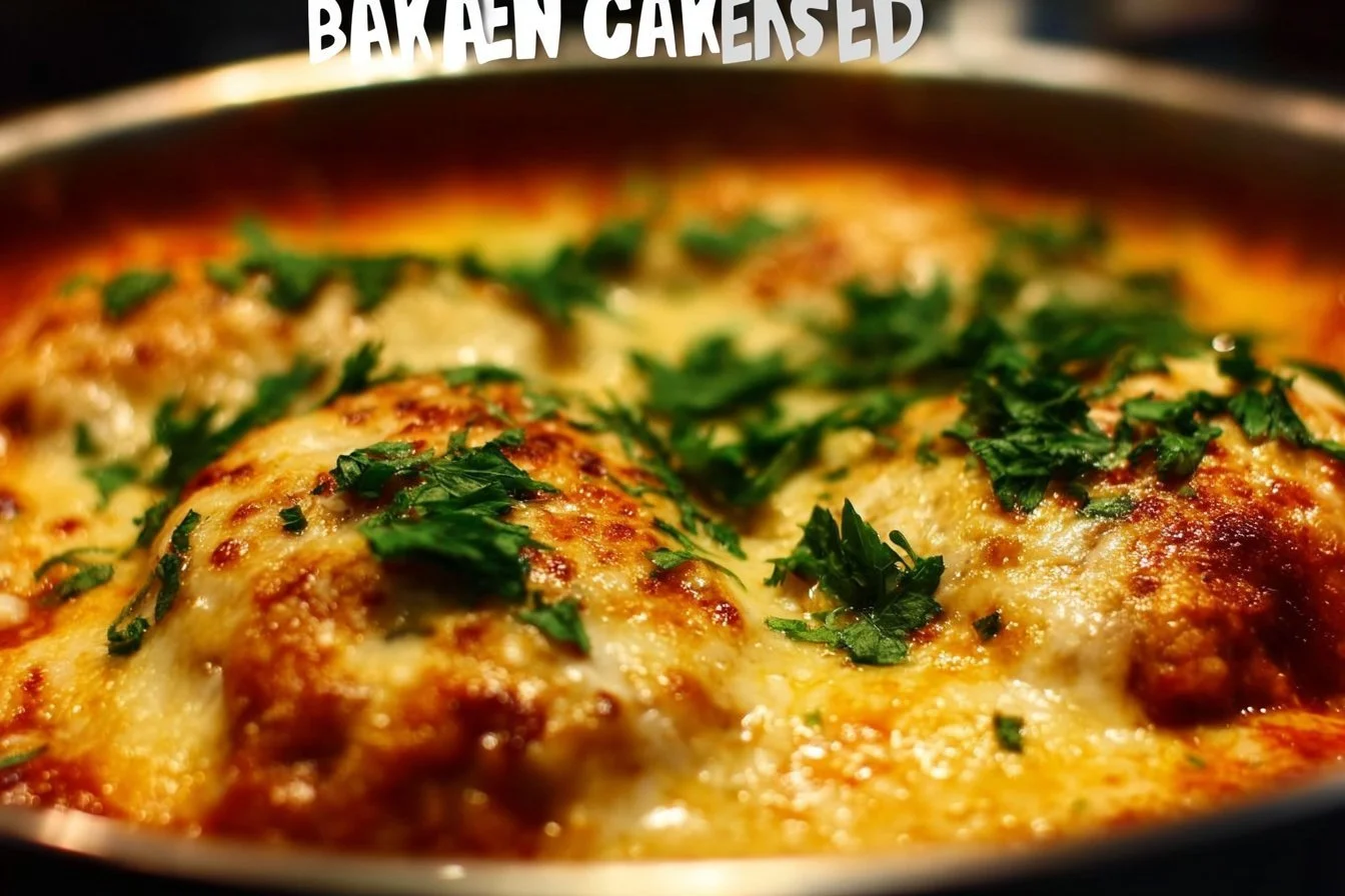 Baked Chicken Parmesan with cheese and marinara sauce on a plate