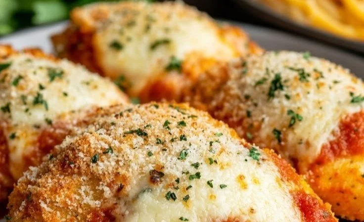 Delicious baked chicken parmesan topped with melted cheese and marinara sauce