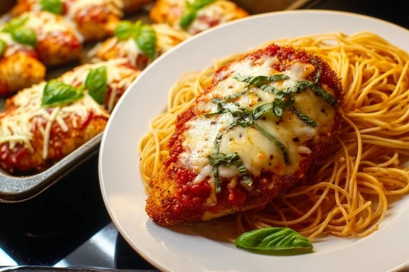 Baked Chicken Parmesan Baked Chicken Parmesan Delicious Baked Chicken Parmesan served with marinara sauce and cheese
