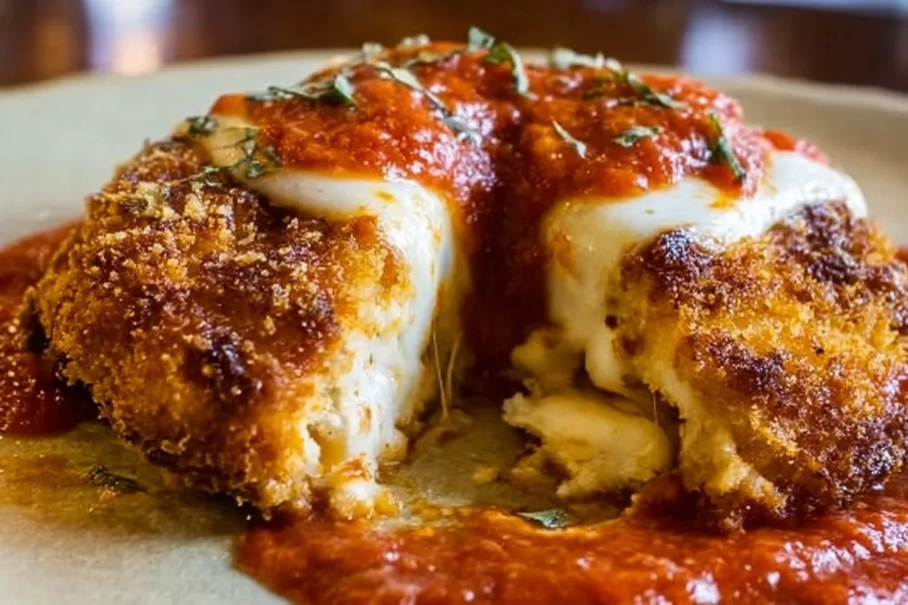 Delicious baked chicken parmesan topped with melted cheese and marinara sauce