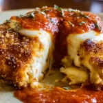 Delicious baked chicken parmesan topped with melted cheese and marinara sauce