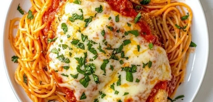 Baked Chicken Parmesan with Spaghetti and Marinara chicken parmesan Baked chicken parmesan served with spaghetti and marinara sauce
