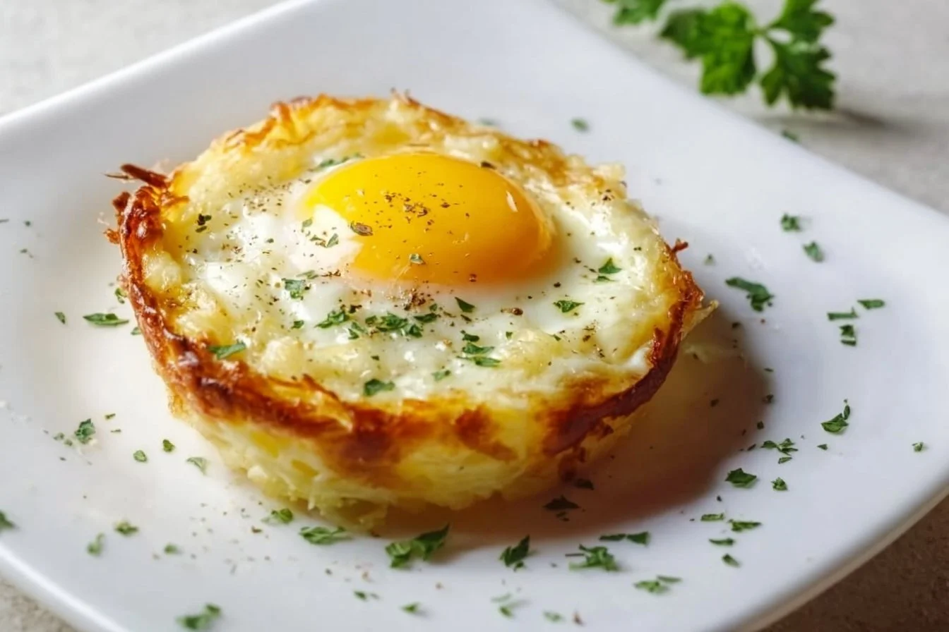 Delicious baked eggs napoleon served in a stylish dish.