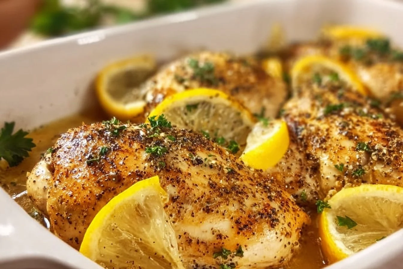 Baked Garlic Lemon Pepper Chicken Garlic Lemon Pepper Chicken Baked Garlic Lemon Pepper Chicken served with fresh herbs and lemon slices
