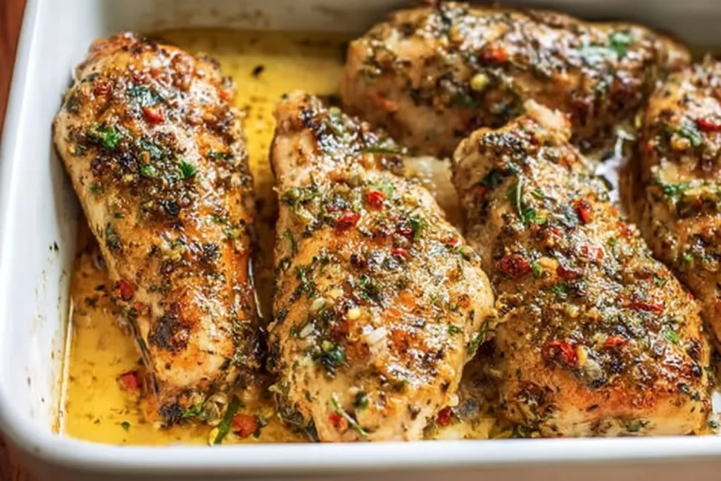 Delicious Baked Garlic Parmesan Chicken garnished with herbs on a plate