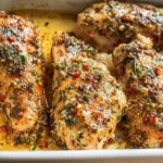 Delicious Baked Garlic Parmesan Chicken garnished with herbs on a plate