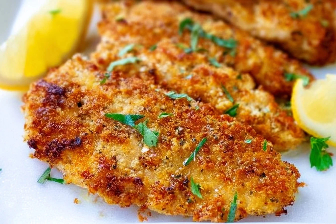 Baked Parmesan Crusted Chicken served with herbs and lemon slices