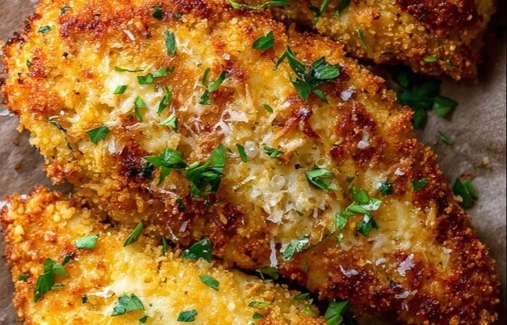 Baked Parmesan Crusted Chicken garnished with herbs on a plate