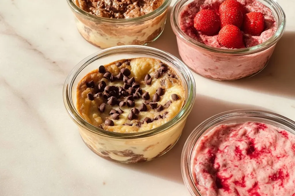 Baked protein pancake bowls topped with fresh fruits and nuts