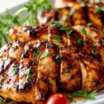 Delicious Balsamic Baked Chicken Breast served with herbs and vegetables
