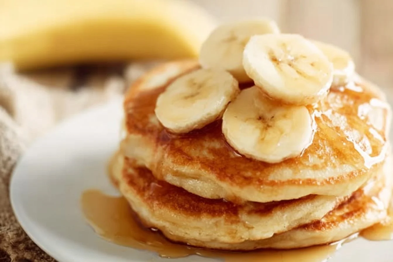 Banana Pancakes banana pancakes Fluffy banana pancakes stacked on a plate with syrup and fresh bananas