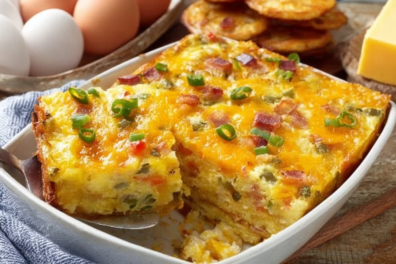 Delicious breakfast casserole featuring hash browns, eggs, and melted cheese