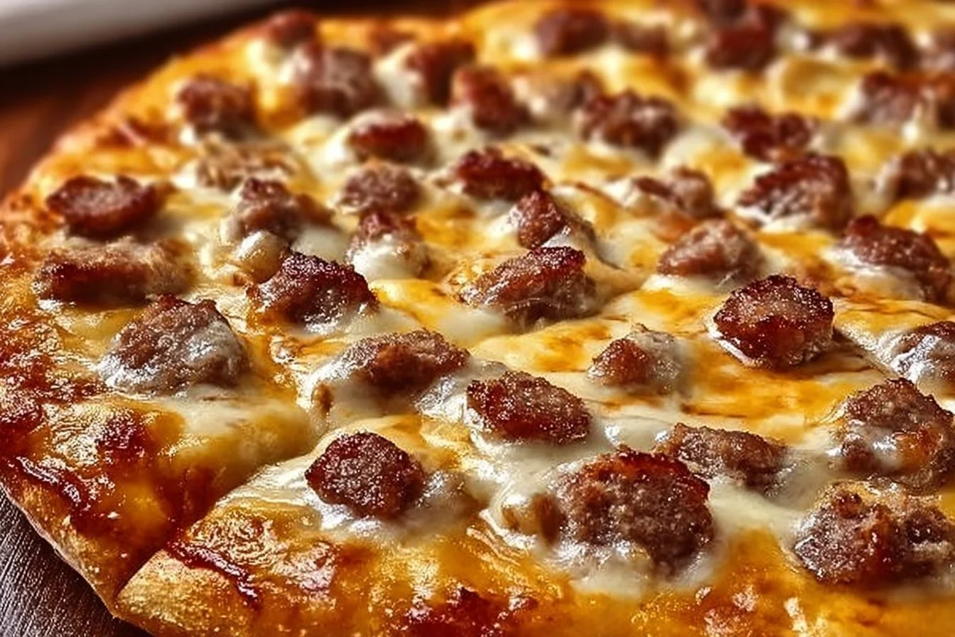 Delicious Biscuits and Sausage Gravy Breakfast Pizza topped with savory sausage and gravy