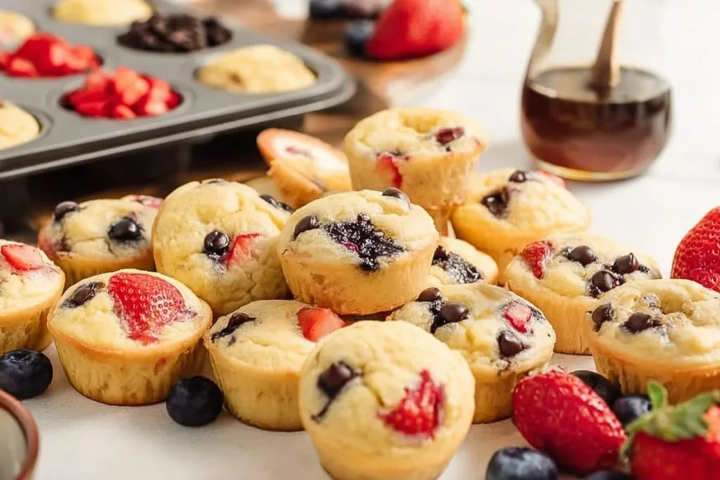Bite-sized pancake muffins served on a plate, perfect for breakfast.