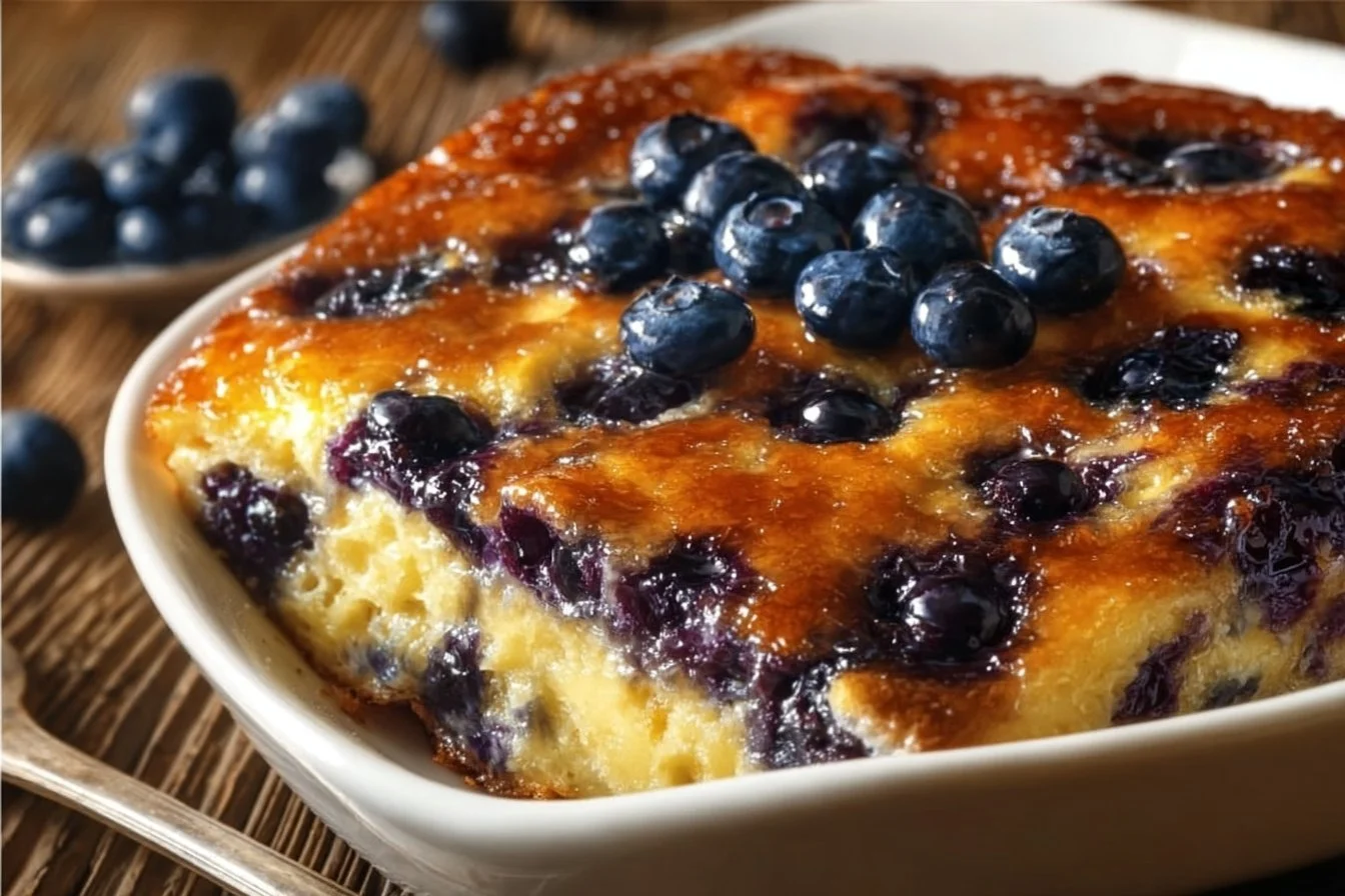 Delicious blueberry buttermilk pancake casserole served in a baking dish
