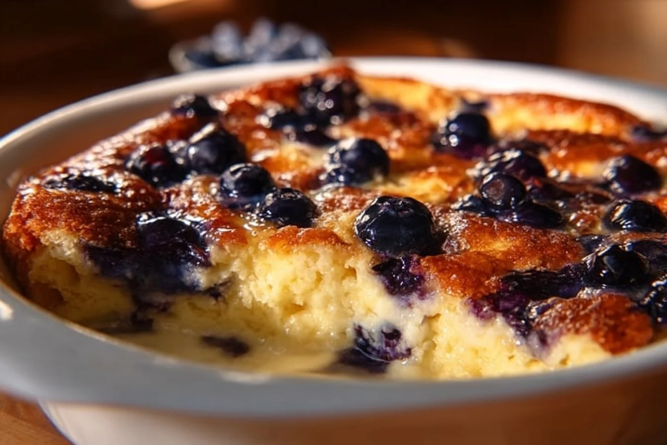 Blueberry Buttermilk Pancake Casserole served with fresh blueberries
