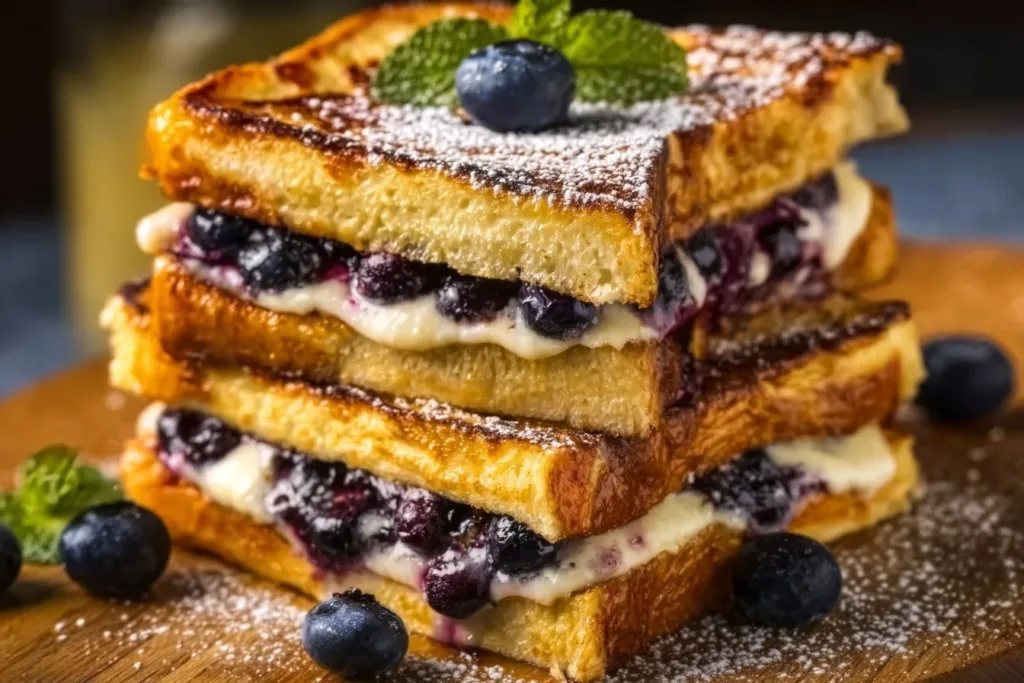 Delicious blueberry stuffed French toast topped with fresh berries and syrup.