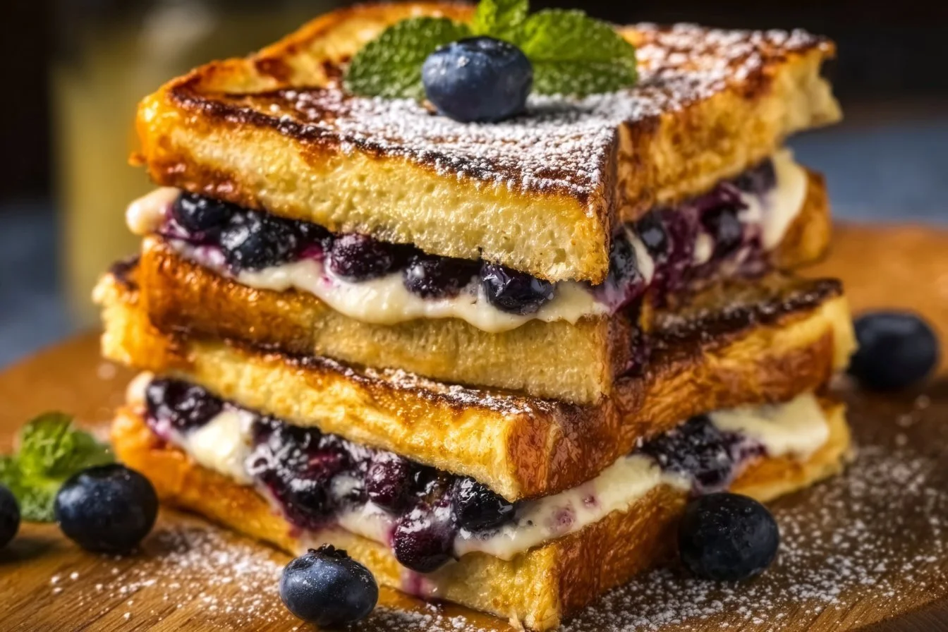 Delicious blueberry stuffed French toast topped with fresh berries and syrup.