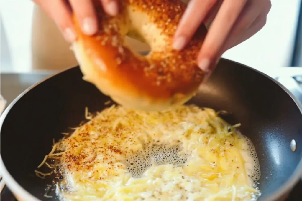 Delicious breakfast bagel sandwich with eggs, cheese, and bacon on a toasted bagel.