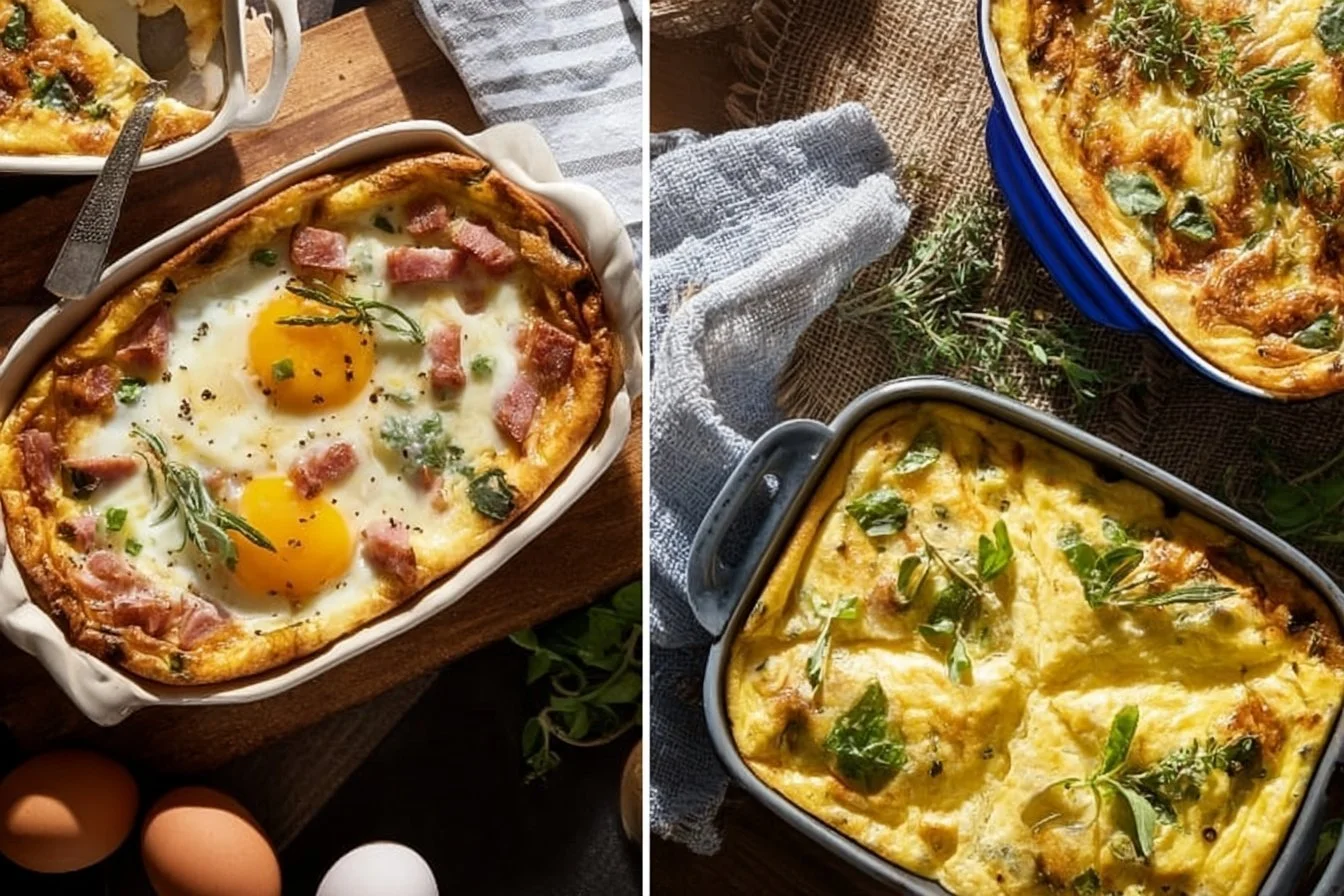 Breakfast Egg Casserole egg casserole Delicious breakfast egg casserole topped with cheese and vegetables