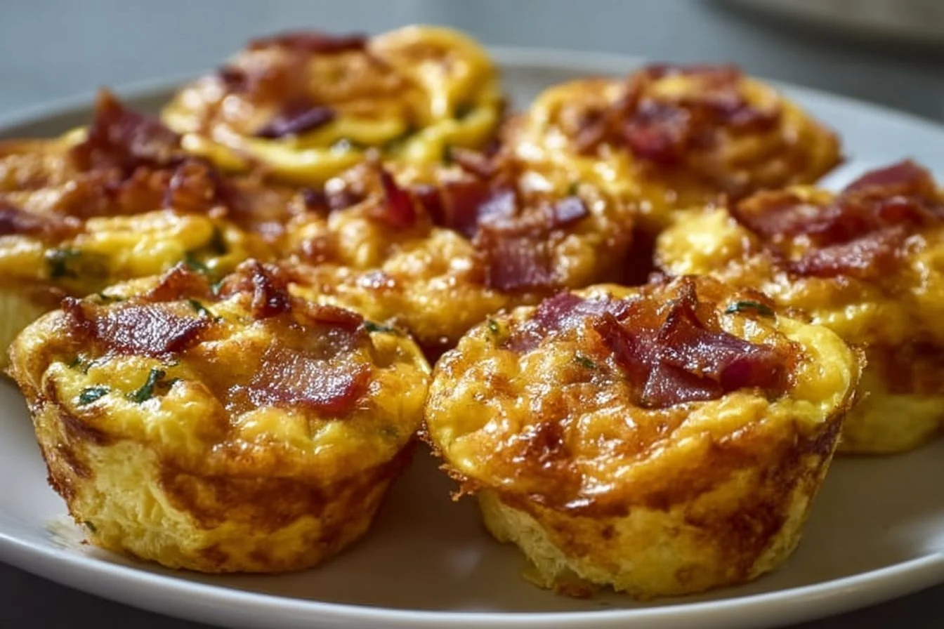 Breakfast Egg Muffins egg muffins Freshly baked breakfast egg muffins topped with vegetables and cheese.