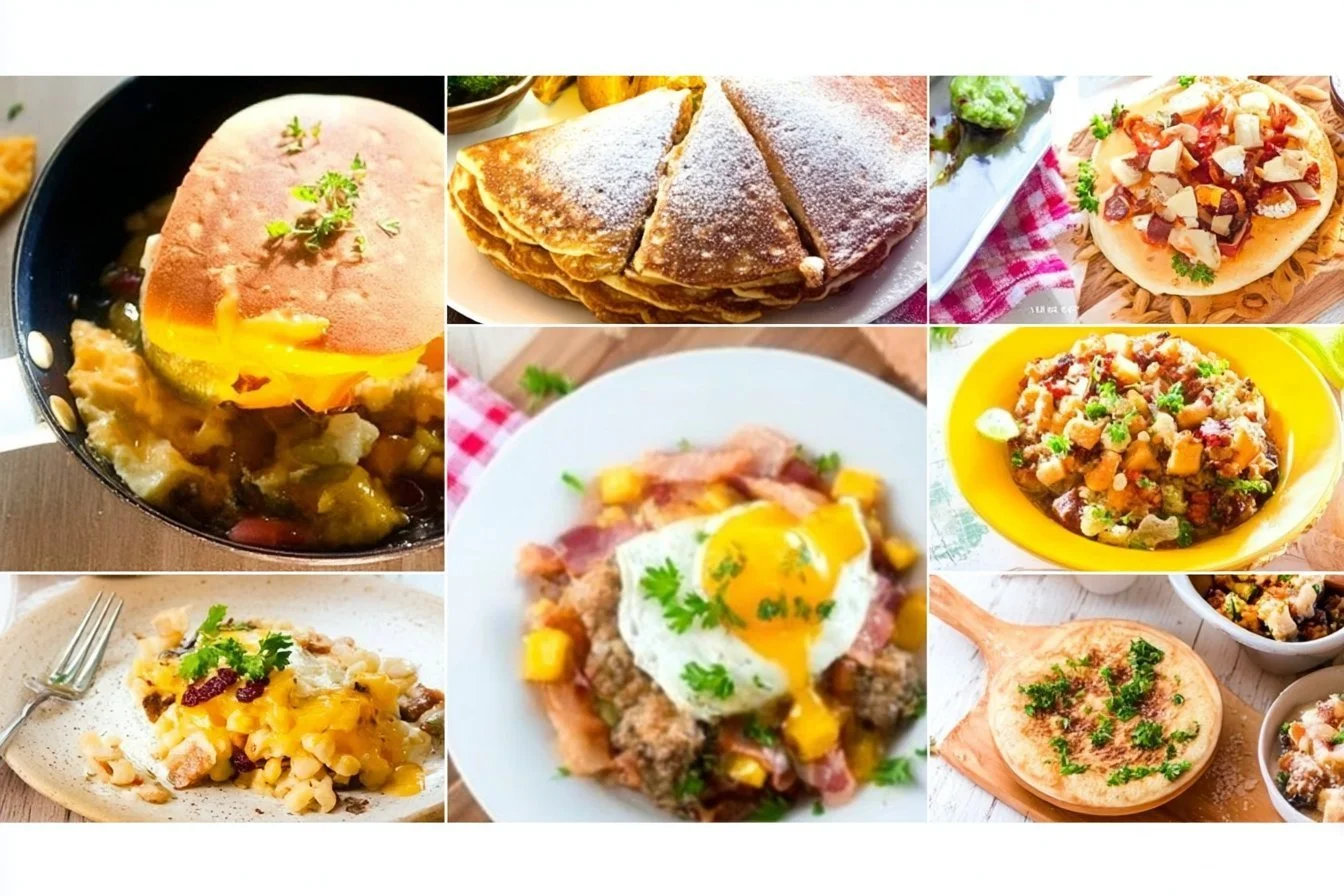 Delicious breakfast items served for dinner on a rustic table