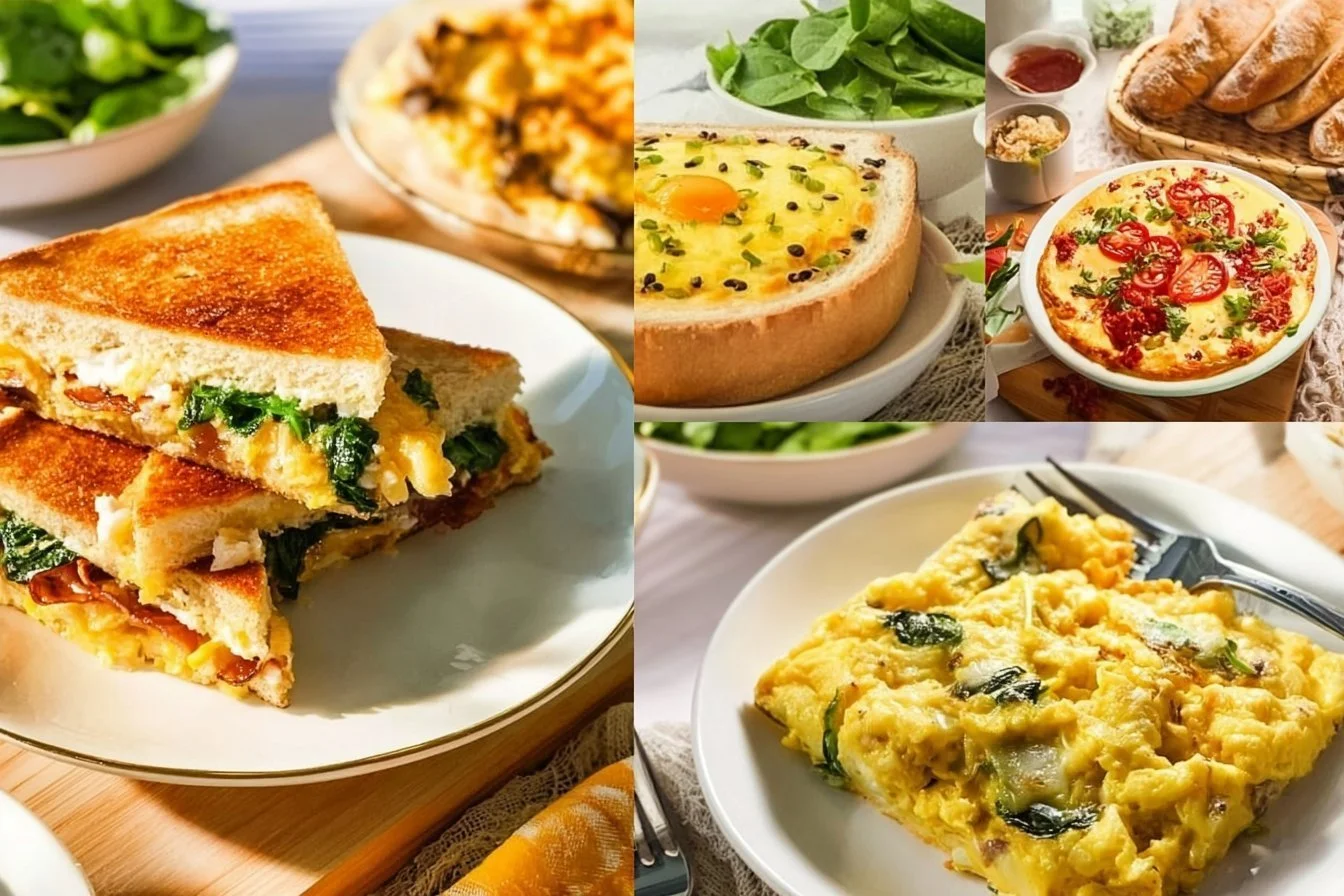 Delicious breakfast for dinner spread with pancakes, eggs, and bacon