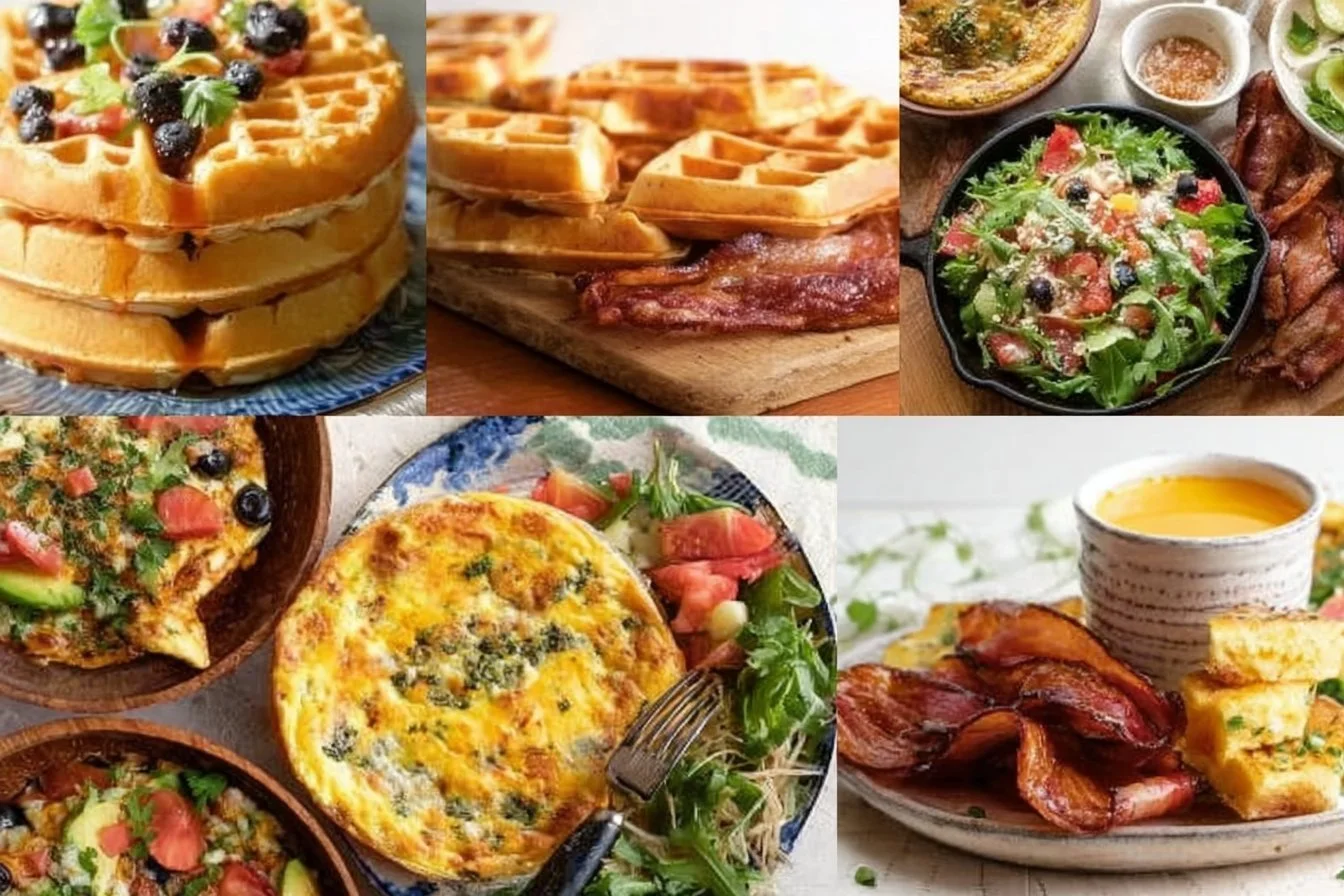 Delicious breakfast for dinner meal showcasing pancakes, eggs, and bacon.